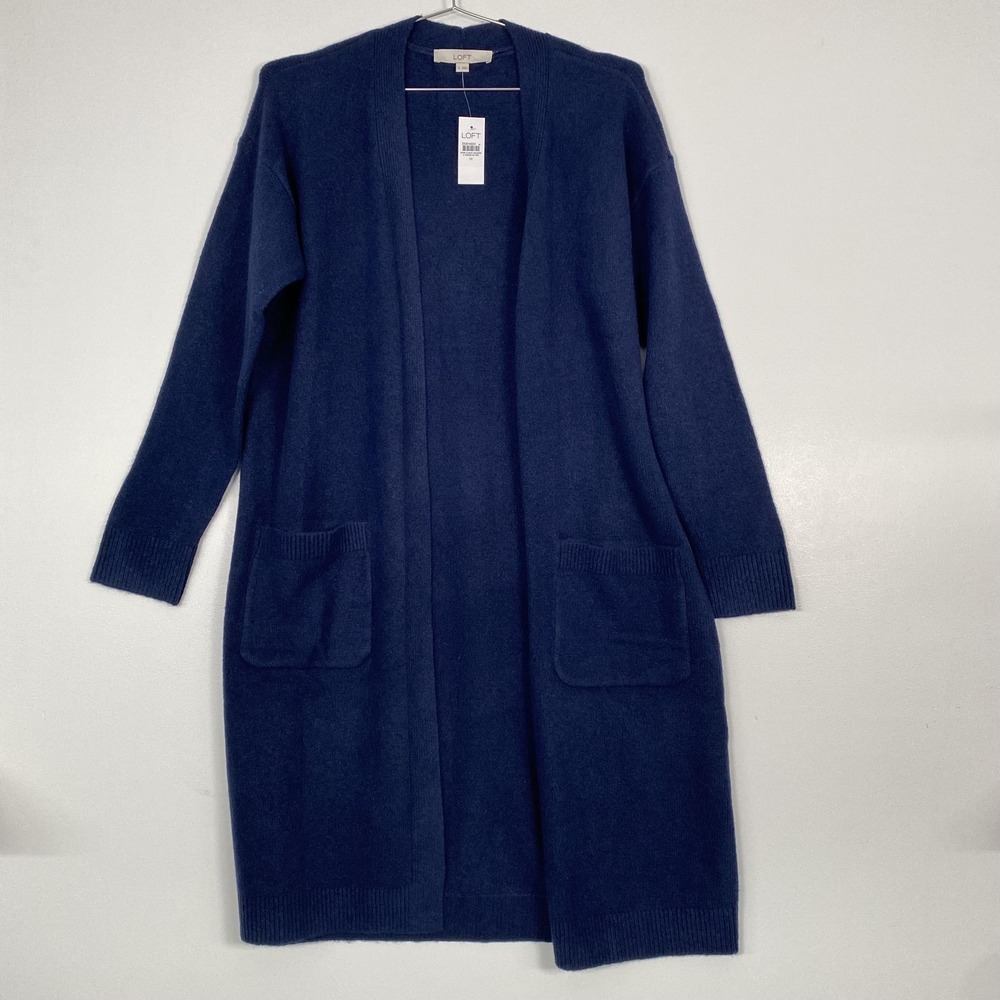NWT LOFT Cardigan Sweater Womens Medium Blue Duster Long Open Front Knit Pockets
